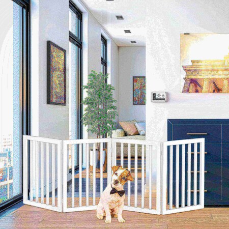 Pet Adobe Freestanding 4 Panel Pet Gate Wooden Folding Fence with Expandable Divider for Homes  (White) 272310EPY